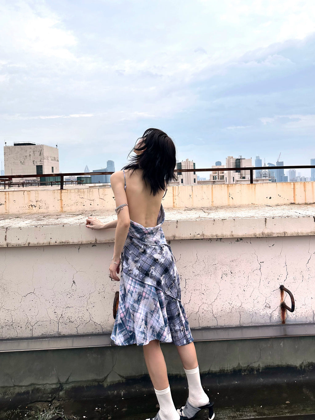 Enteralt Plaid Stitching Drawstring Lace-up Dress