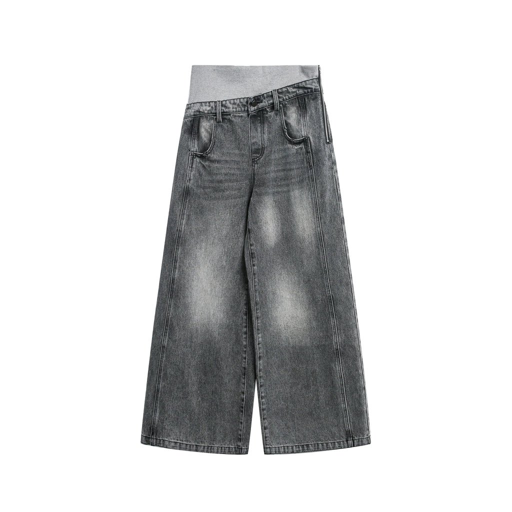 JIKOO Retro Design High-Waist Washed Straight-Leg Loose Wide-Leg Jeans