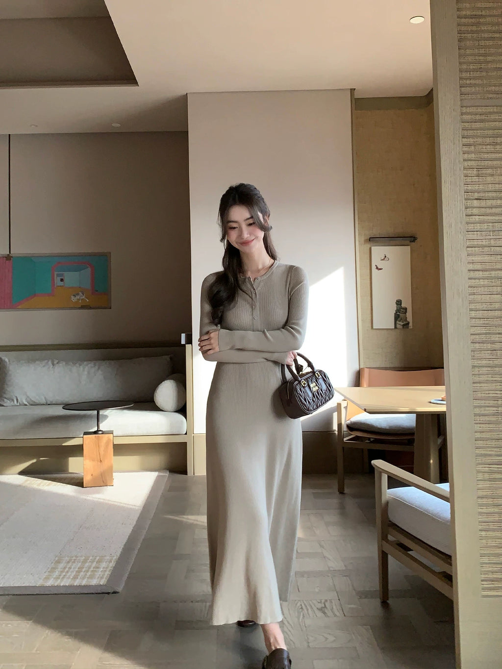 Pusumede Simple Henry Neck Long Sleeve Dress