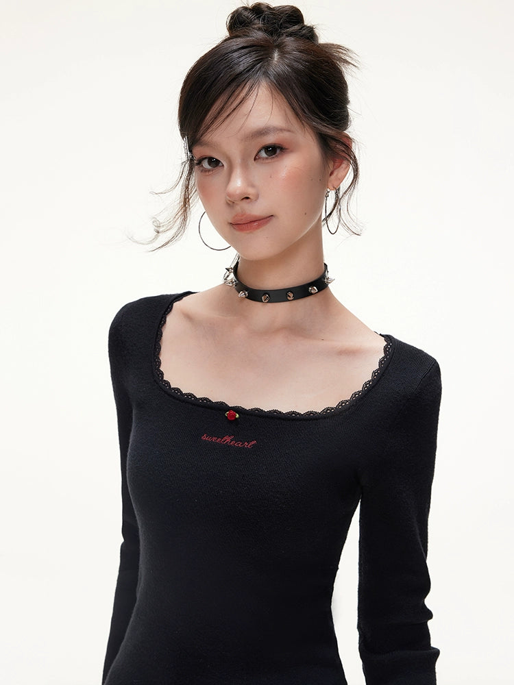 Imone Lace Contrasting Color Rose Generous Neck Knitted Sweater