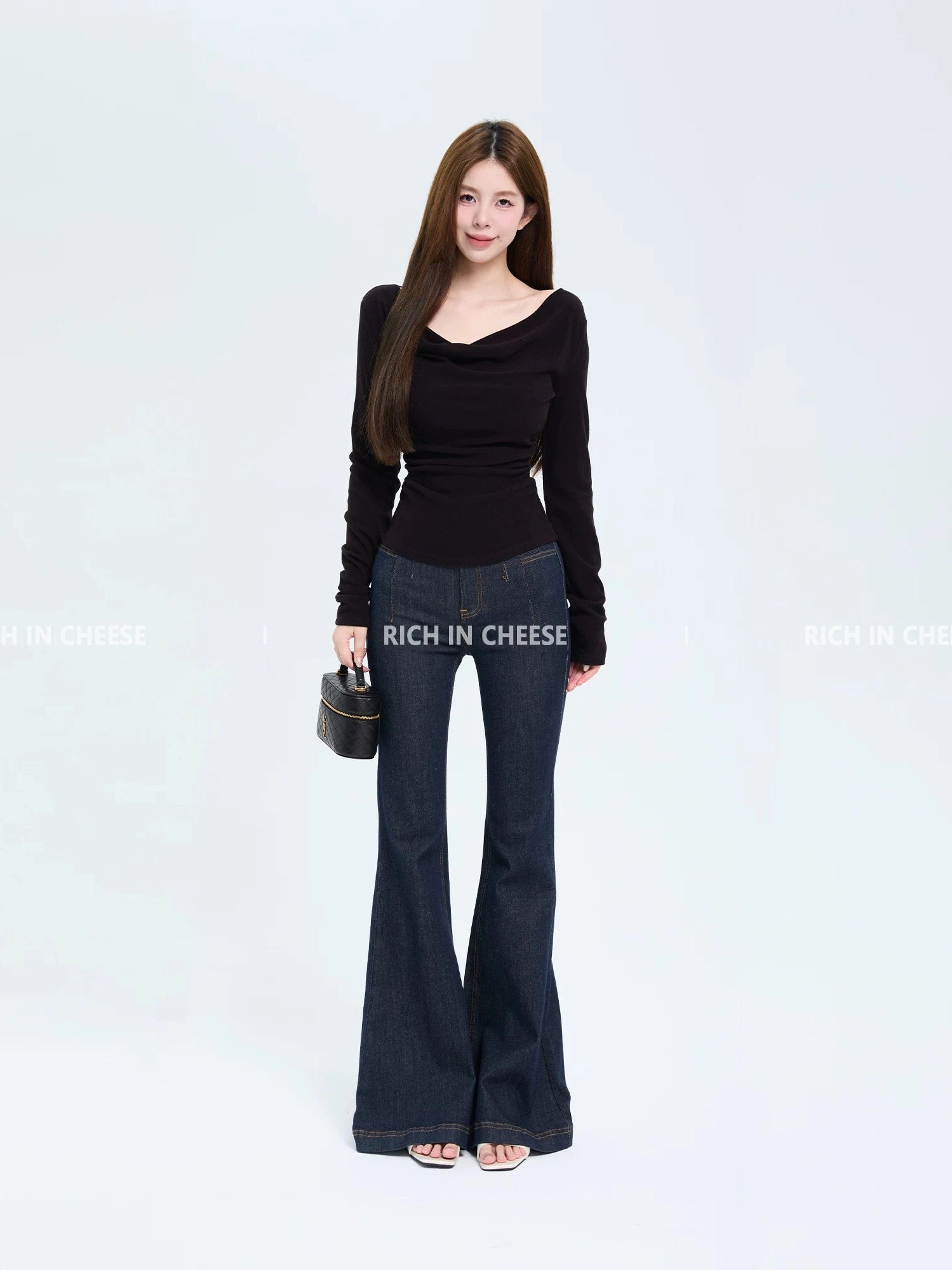 RICH IN CHEESE Swing Neck Knitted Waist Pleated Long Sleeves