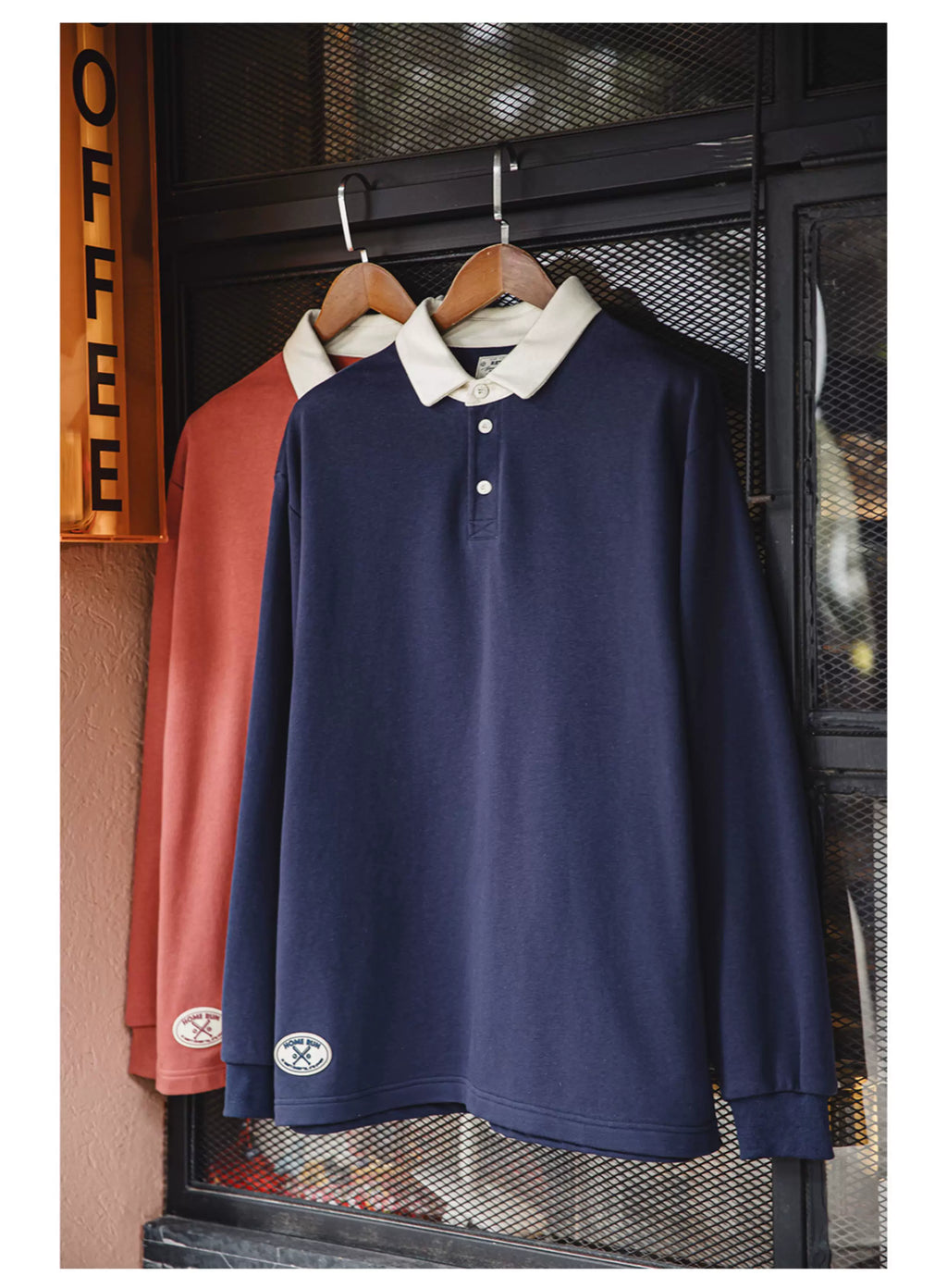MADEN Knitted Contrast Collar Long-Sleeve Polo Shirt