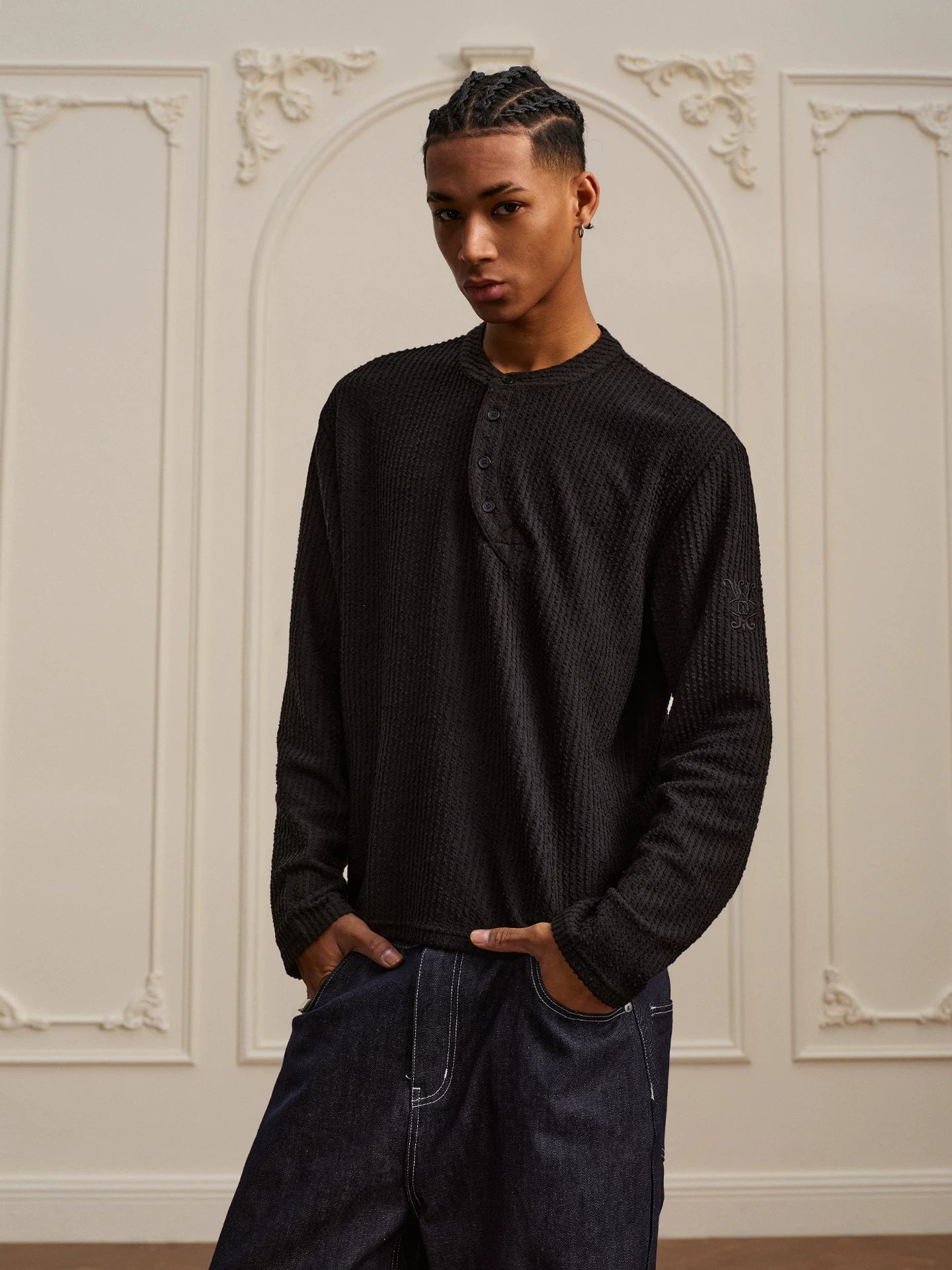 YADcrew Strip Texture Twisted Henry Neck SLong Sleeve Sweater