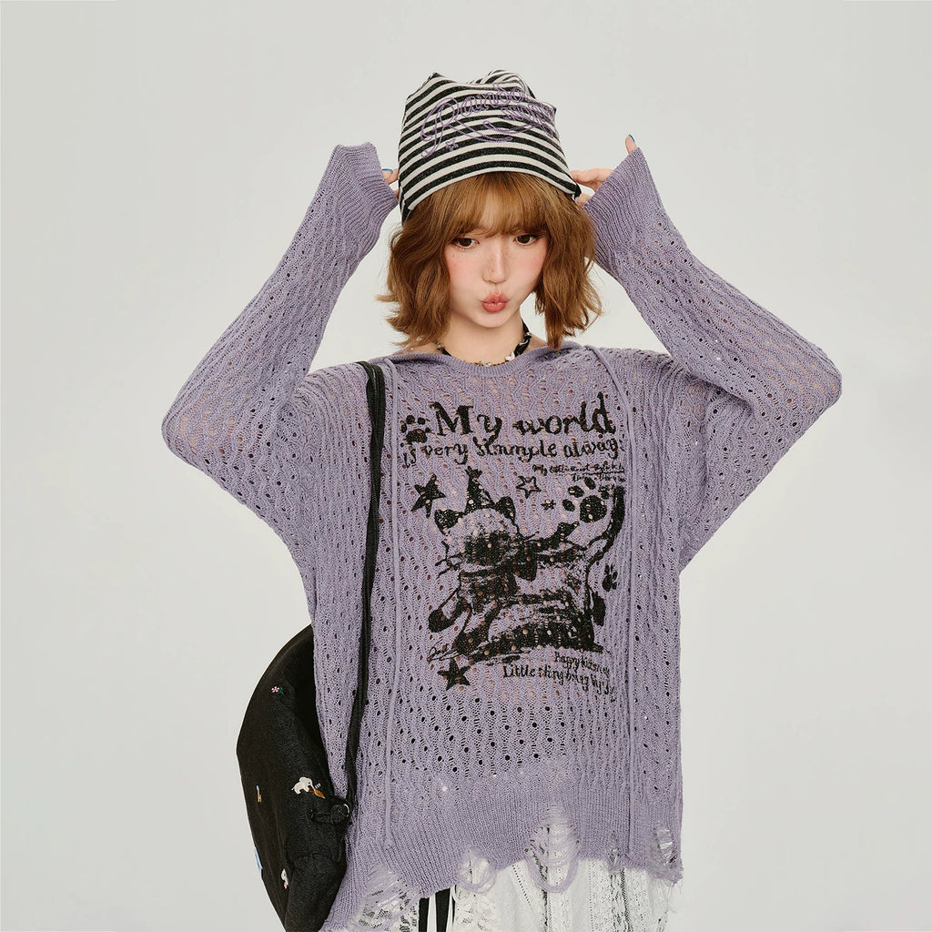 Girlyhalo American Vintage Hooded Print Hollow-Out Sweater