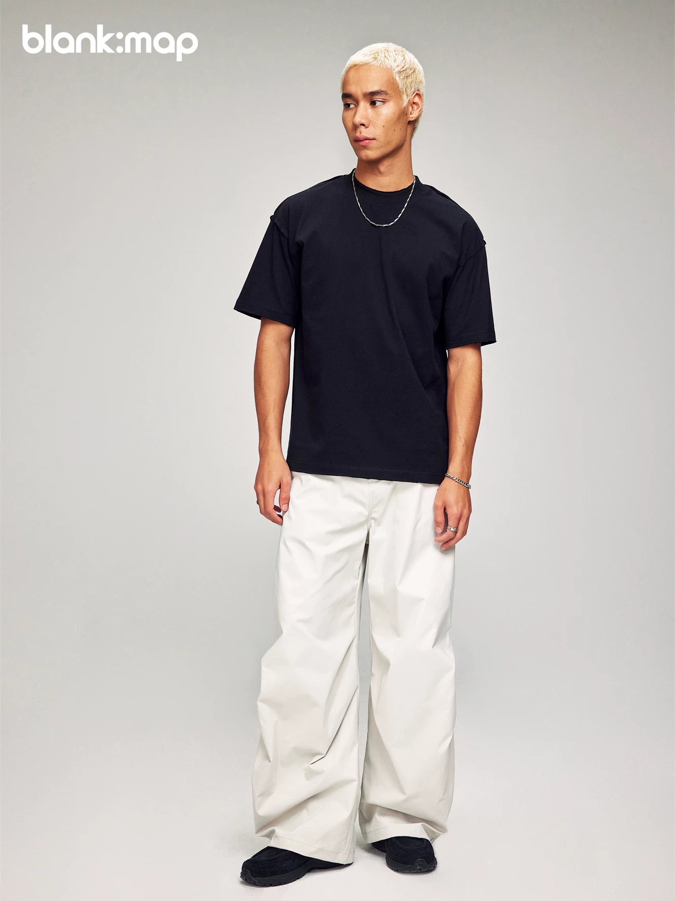Blank Map Elastic Waist Casual Loose Pleated Wide Leg Pants