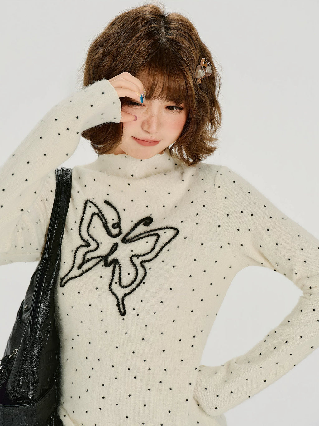 Girlyhalo Half-Turtleneck Embroidered Relaxed Knit Tee