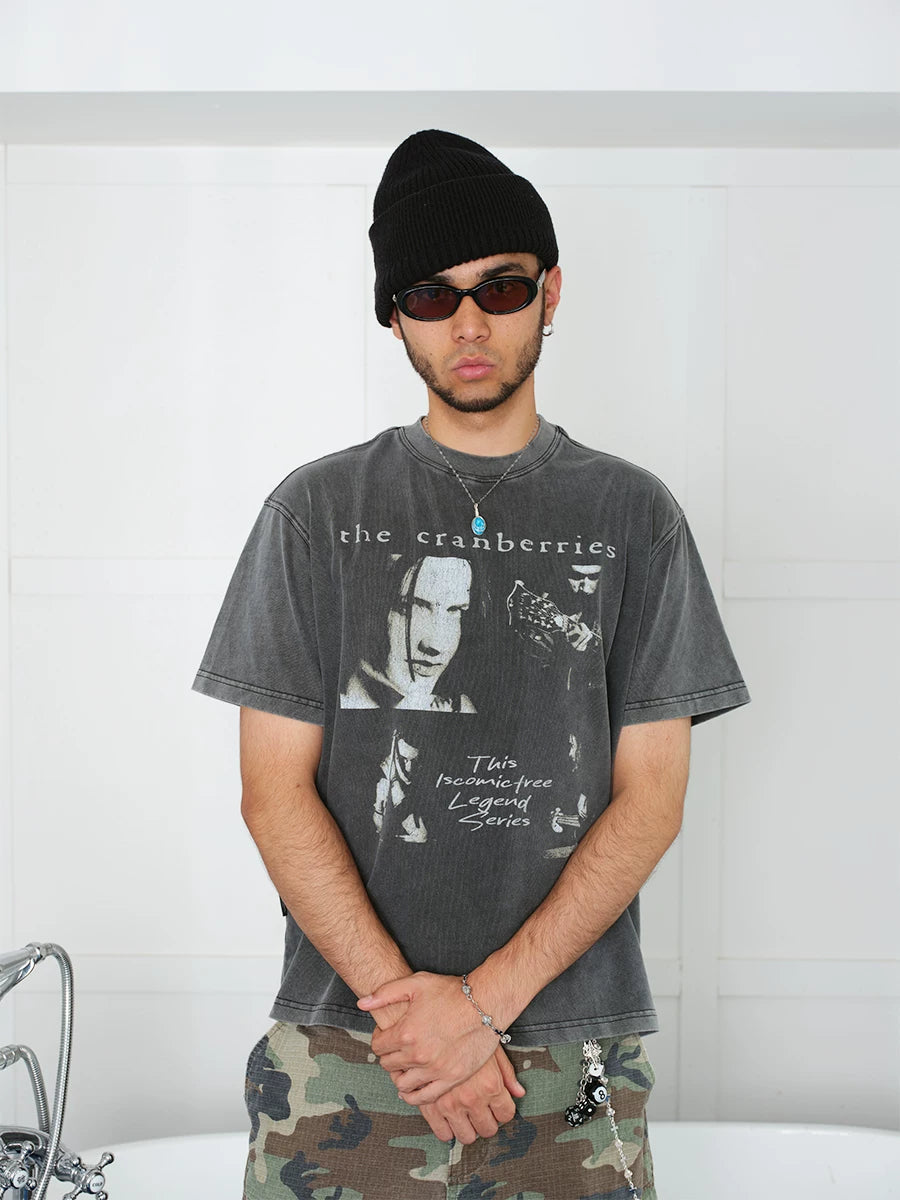 COMICTREE Old Front Shoulder Crew Neck Casual Tee