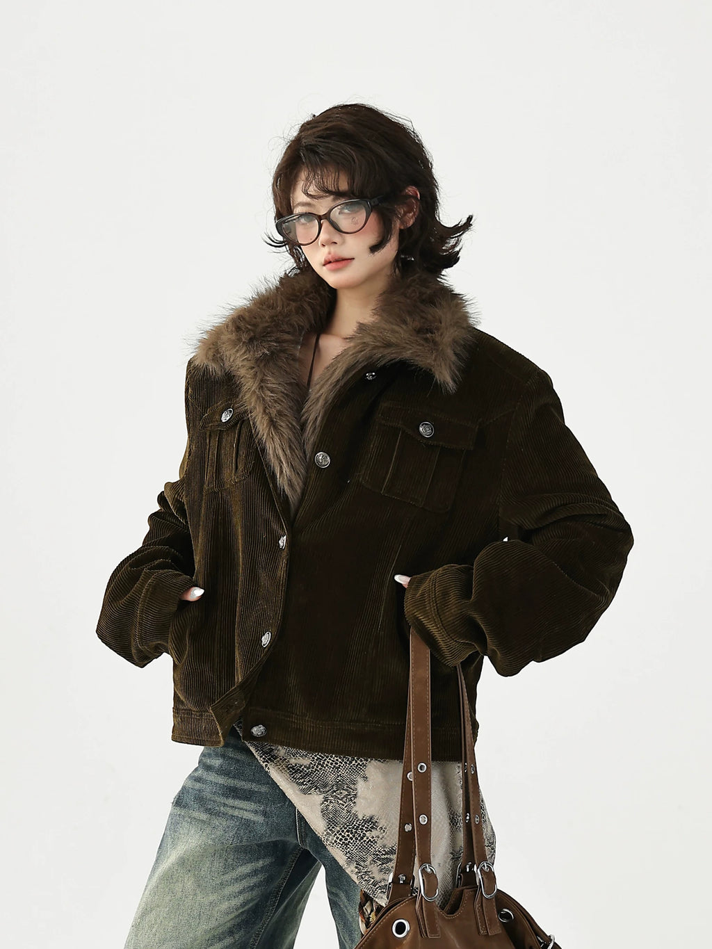 AceStudios Vintage Thickened Padded Short Fur Collar Jacket