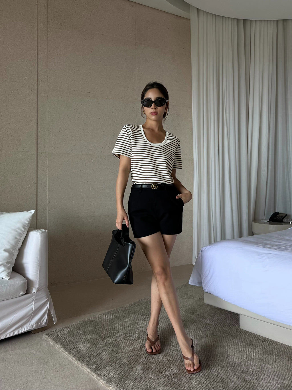 NEVA HU Striped U-neck Versatile Casual Tee