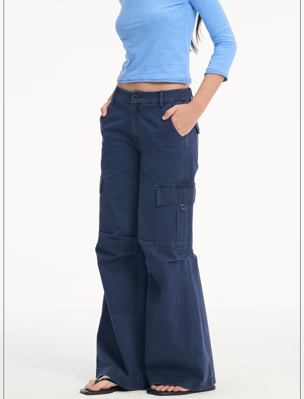 LINY LIBERTY Vintage Washed High-Waist Wide-Leg Cargo Pants