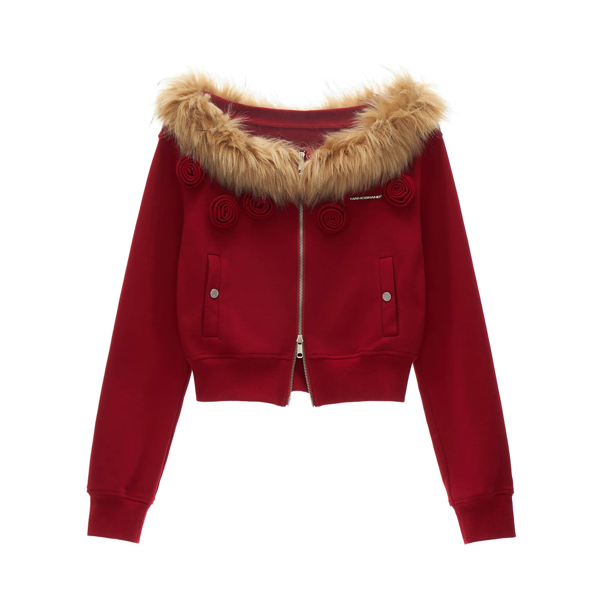 MAMC Off-Shoulder Detachable Fur Collar Floral Coat