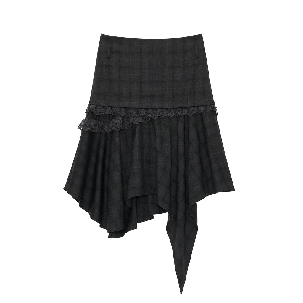 MAMC Textured Plaid Draped Irregular Hem Mid-Rise Skirt