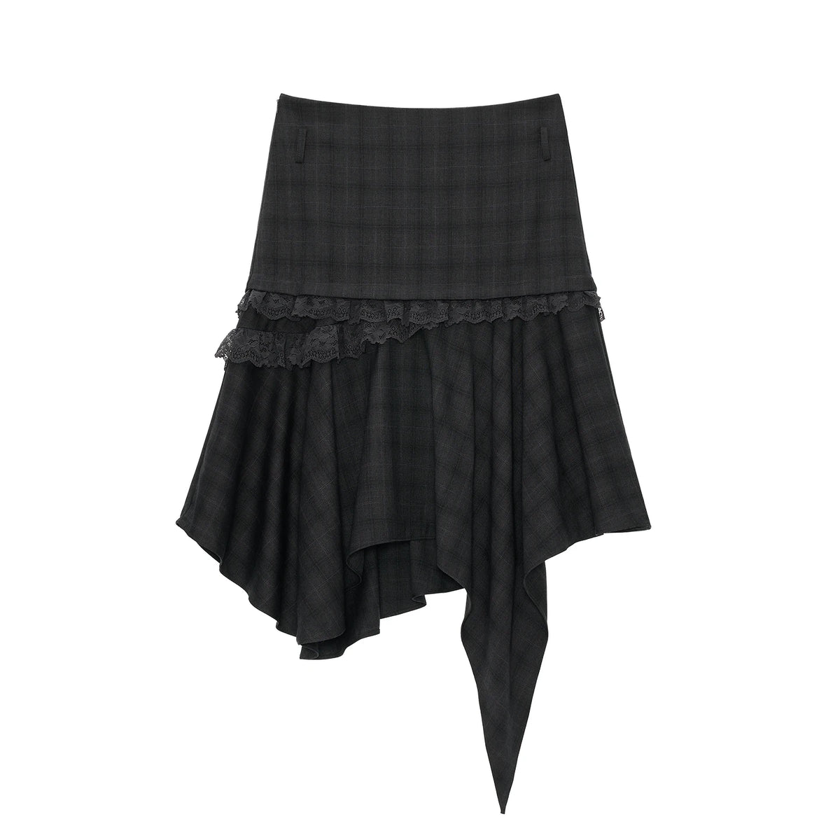 MAMC Textured Plaid Draped Irregular Hem Mid-Rise Skirt