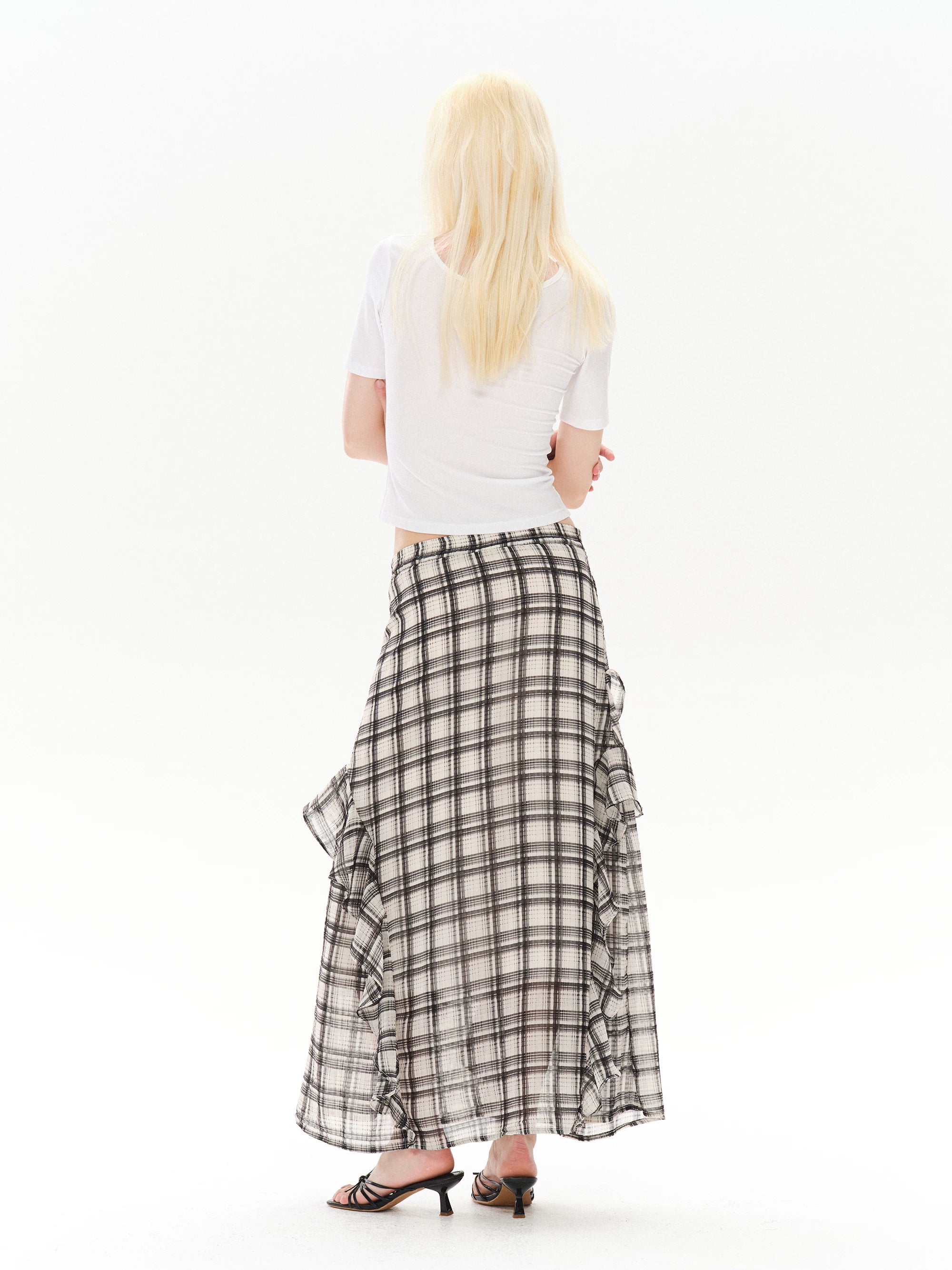 COSTUSTOOT Black White Plaid Breathable Mid-Rise Irregular Skirt