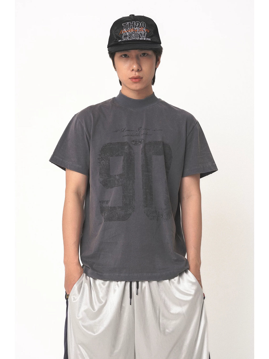 TH90 CREW Vintage Sports Print Washed Comfortable Drape T-Shirt