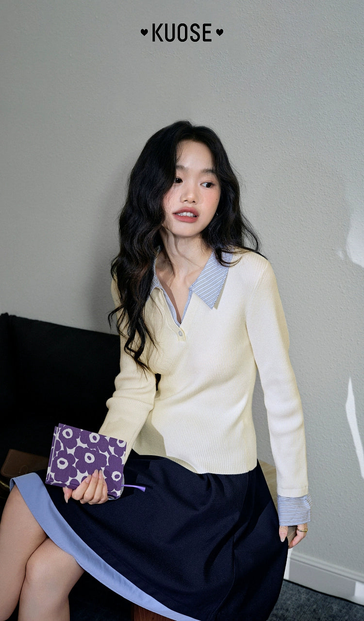 Kuose Striped Fake Two Polo Collar Slim Knit