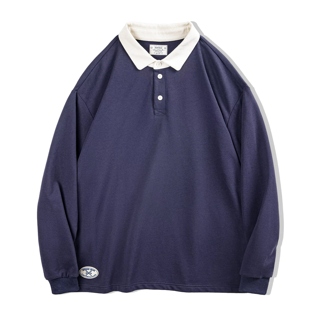MADEN Knitted Contrast Collar Long-Sleeve Polo Shirt