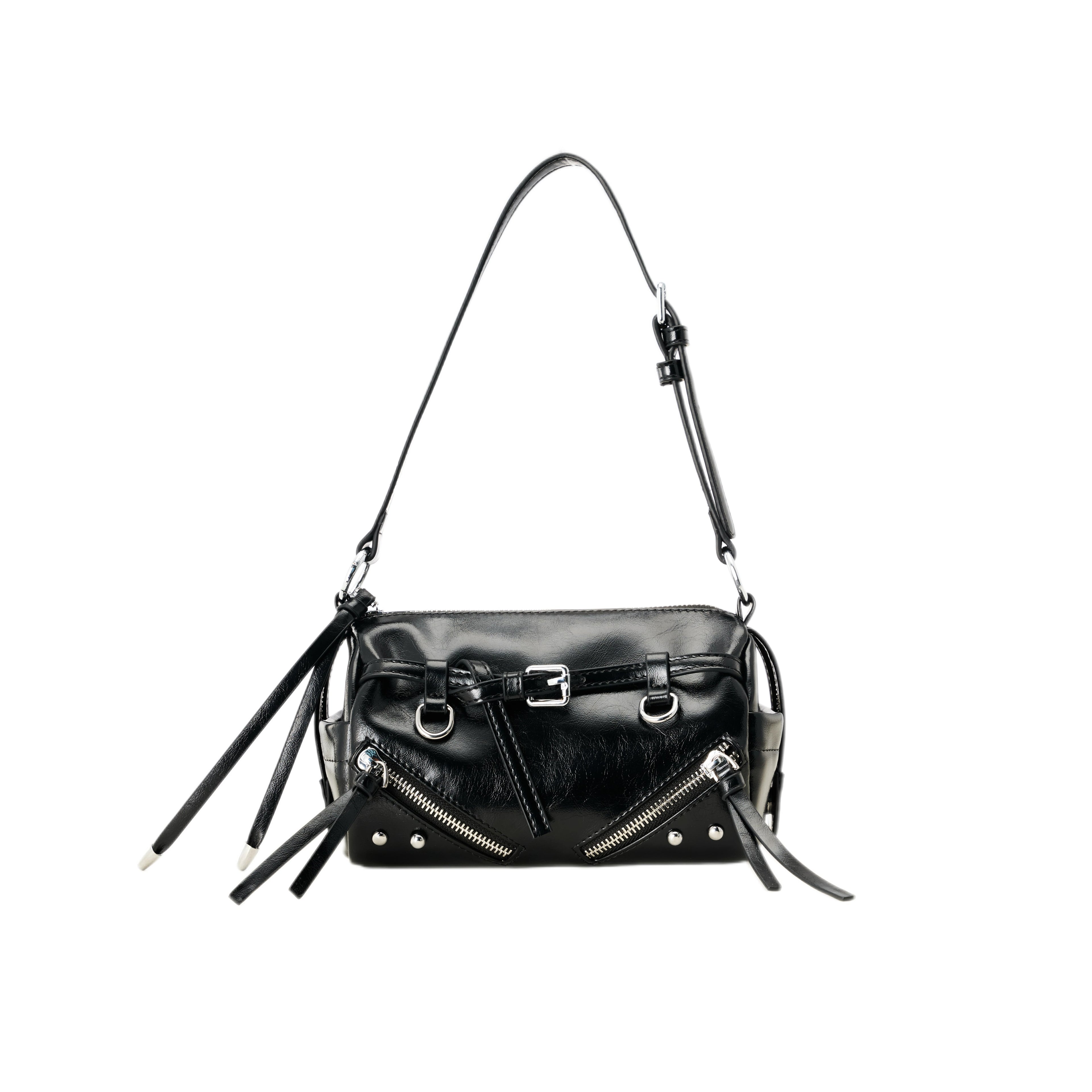 Kloaiio Black Faux Leather Zip-Top Cylinder Crossbody Bag
