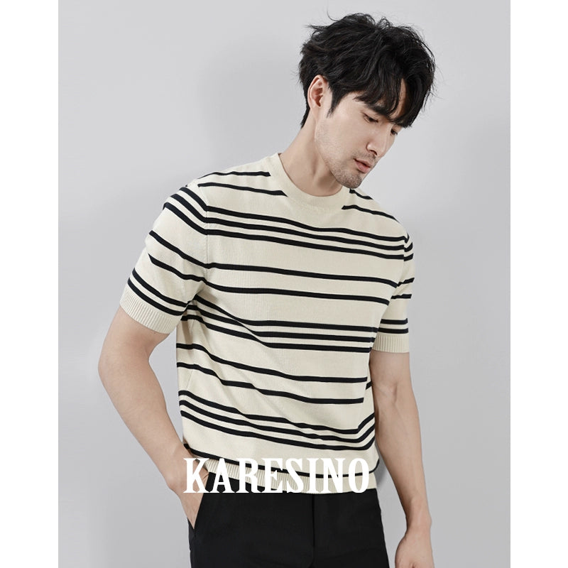 KARESINO Ice Silk Breathable, Striped Crew Neck Casual Tee