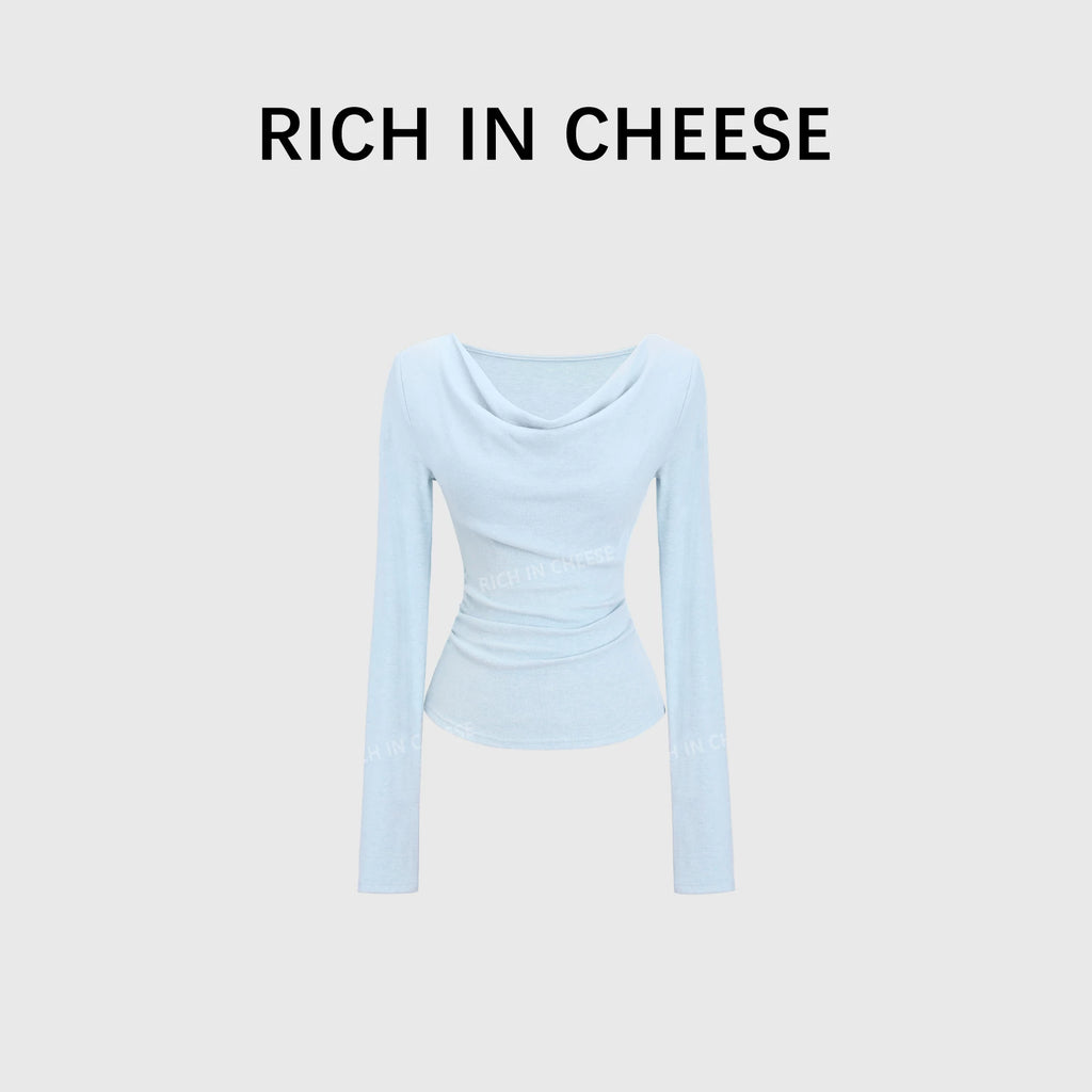 RICH IN CHEESE Swing Neck Knitted Waist Pleated Long Sleeves