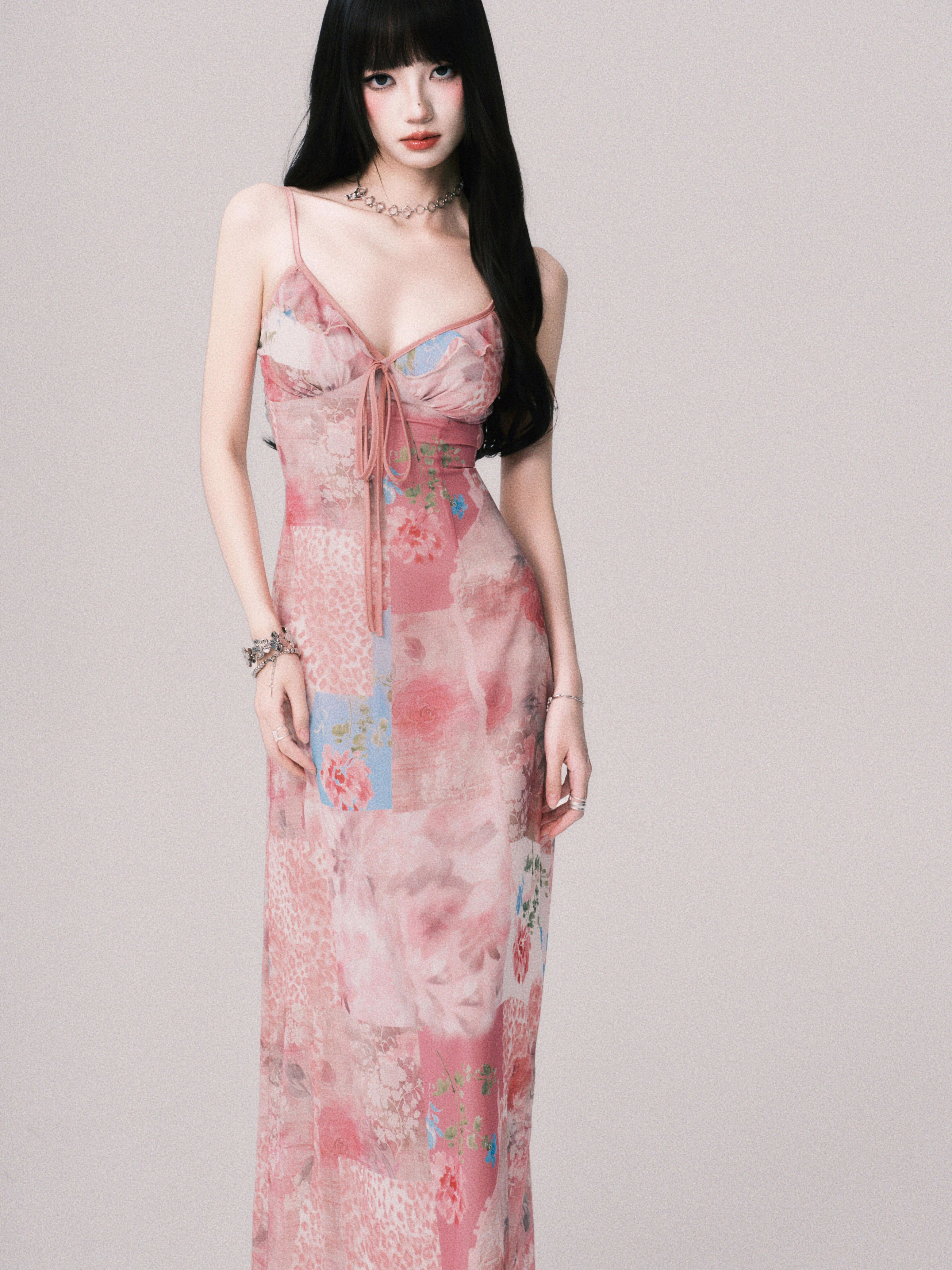 LULUSWINGS Beach Resort V-neck Splicing Print Suspender Skirt