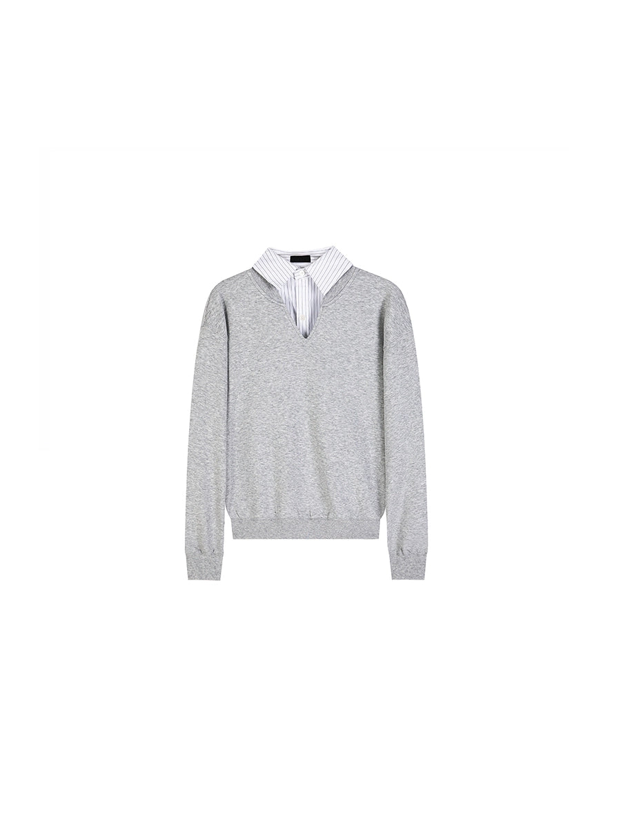 PLUS NO LOGO Fake Two-piece Striped V-neck Solid Color Sweater