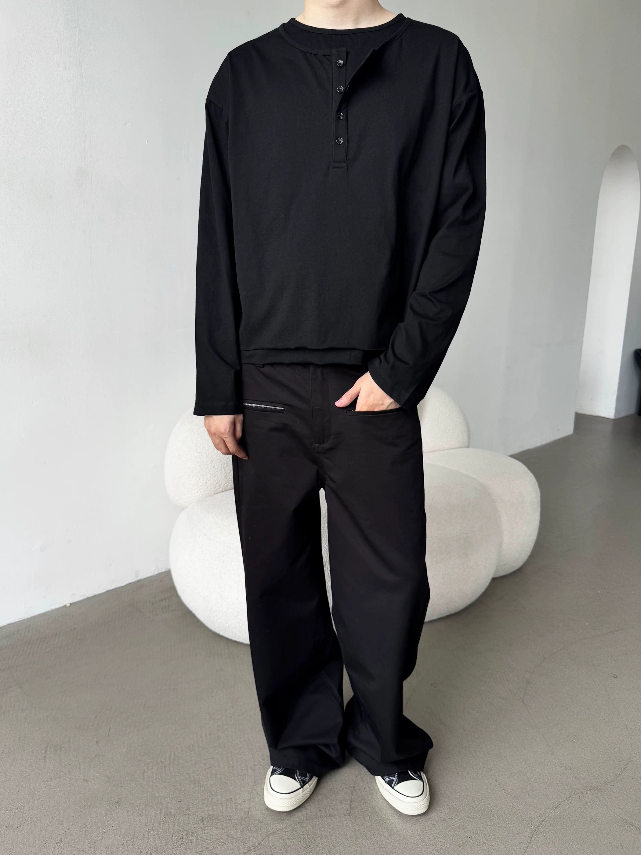 Erole Henry Double Neck Solid Color Long Sleeve T-Shirt