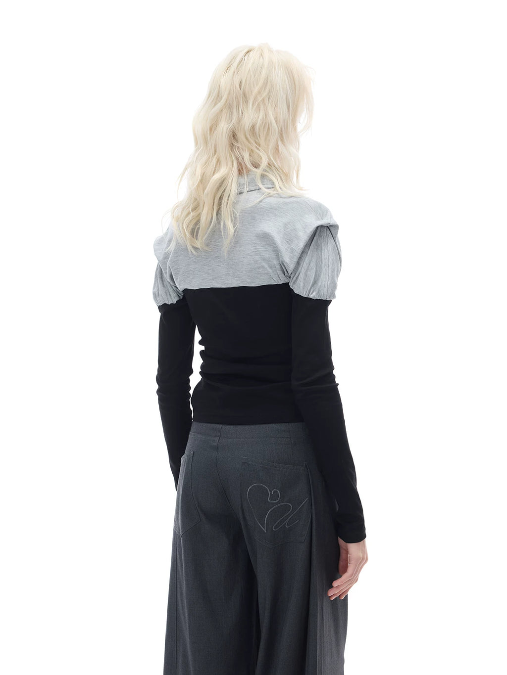 COSTUSTOOT Grey-Black Contrast Slim Fit Long-Sleeve Polo