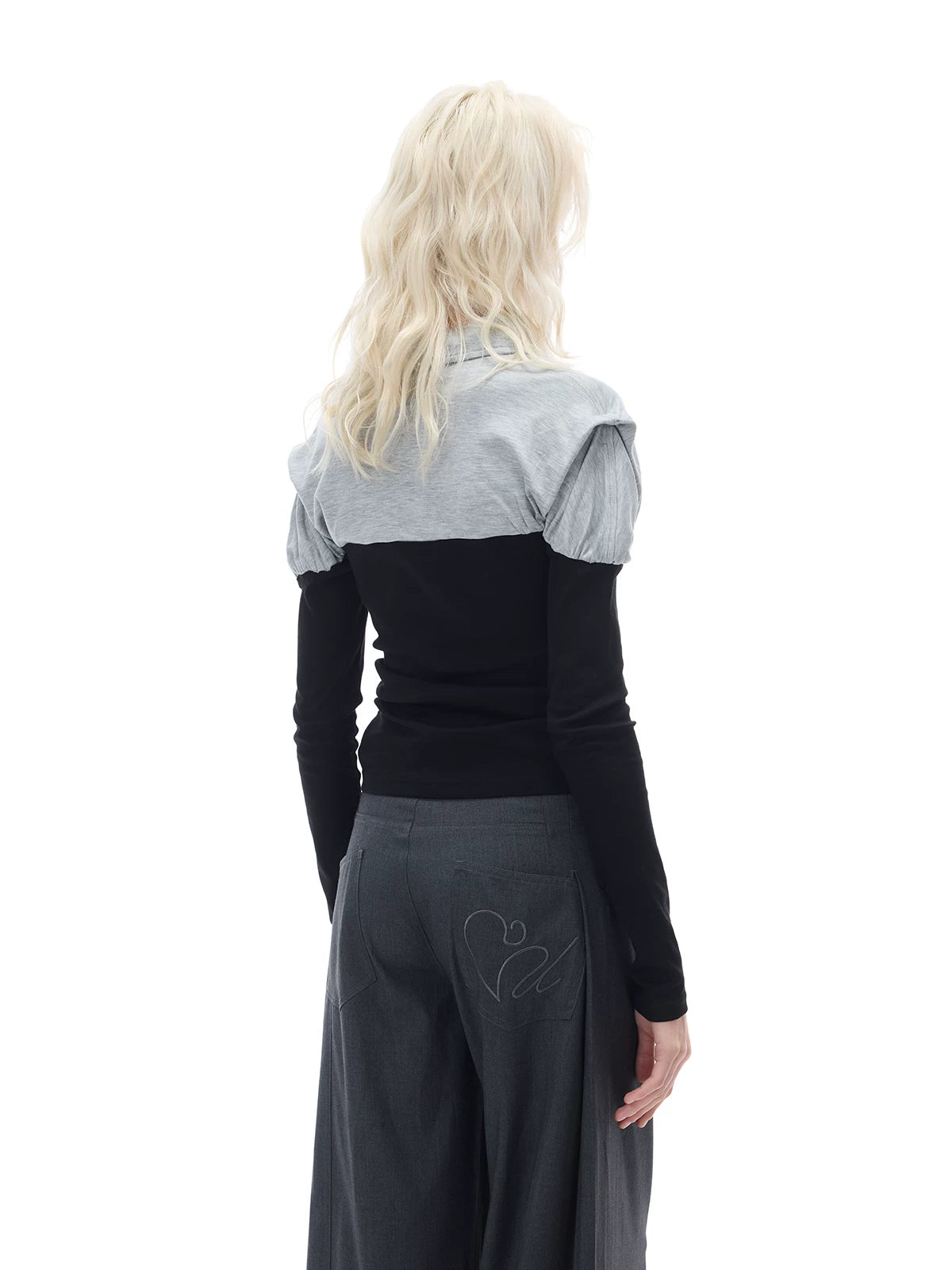 COSTUSTOOT Grey-Black Contrast Slim Fit Long-Sleeve Polo
