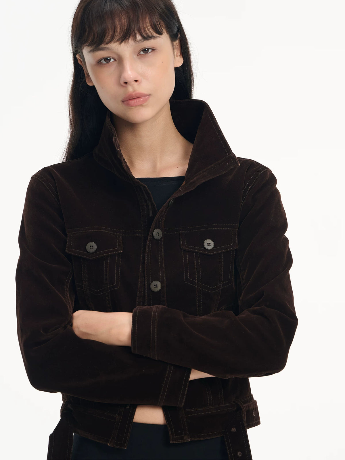 LINY LIBERTY Vintage Velvet-Touch Stand Collar Denim Moto Jacket