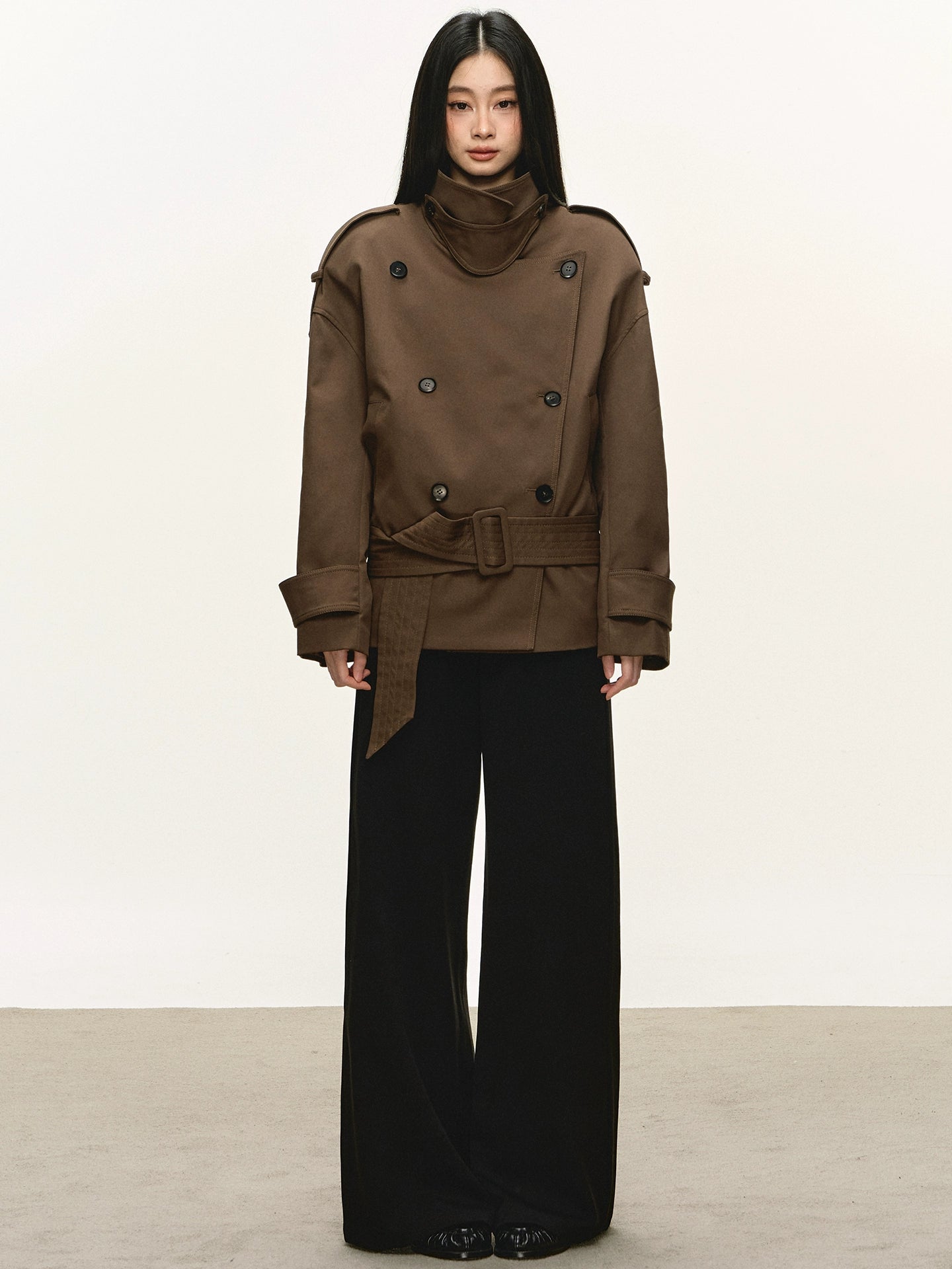 Anna Aneae Stand-up Collar Double-breasted Short Trench Coat