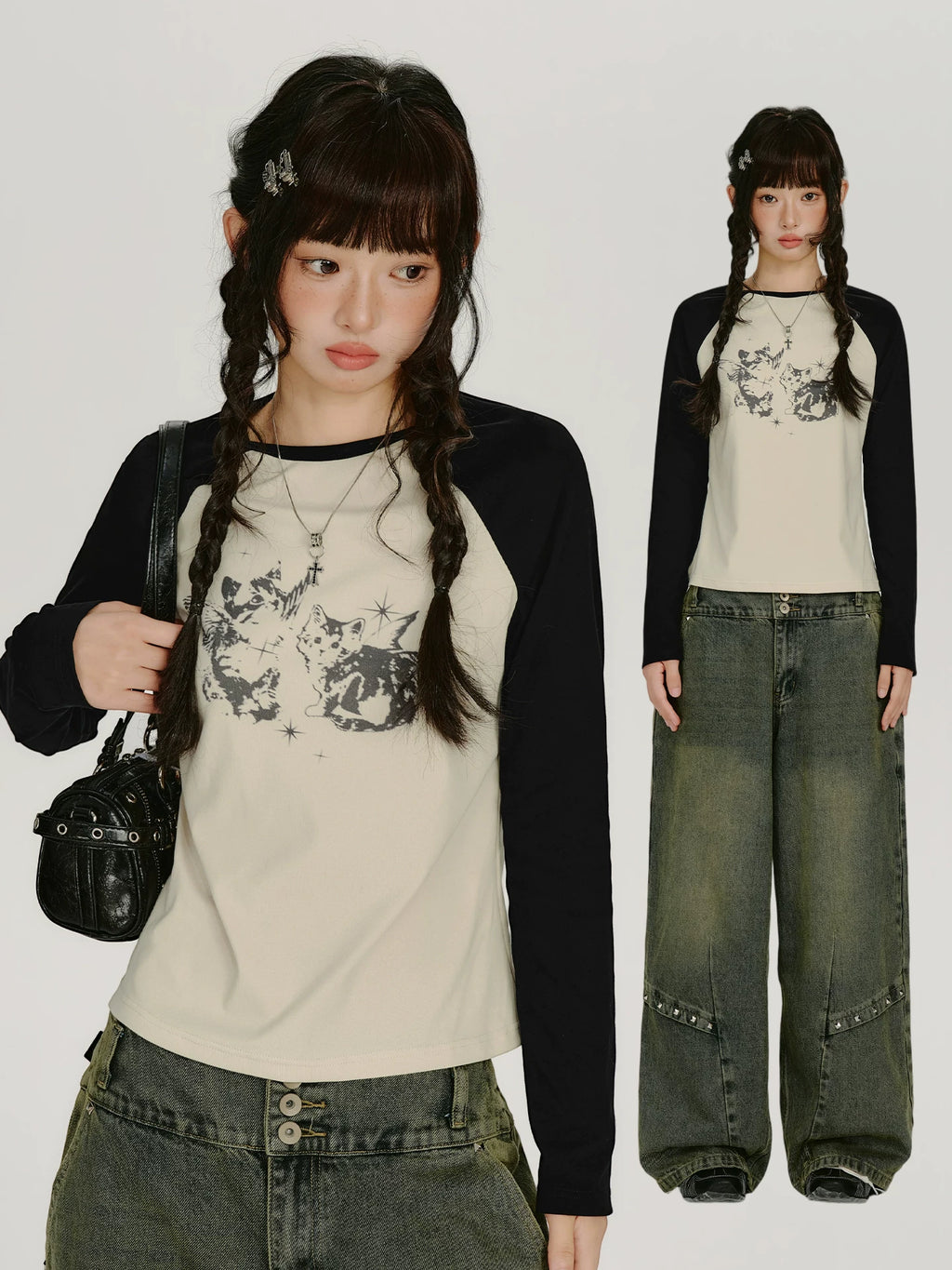 Girlyhalo American Retro Contrast Print Slim Fit Long-Sleeve Tee