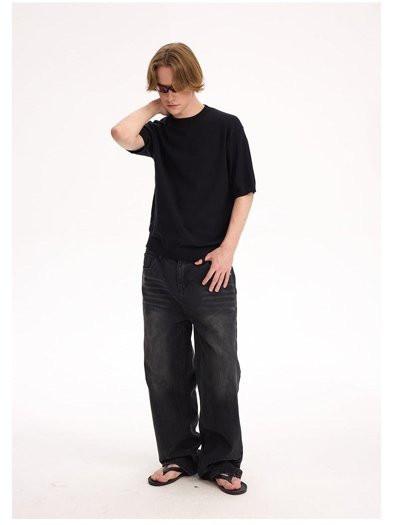 UNF 13.5oz Blockbuster Washed Old Cat Whiskers Baggy Bull Wide Leg Black Jeans