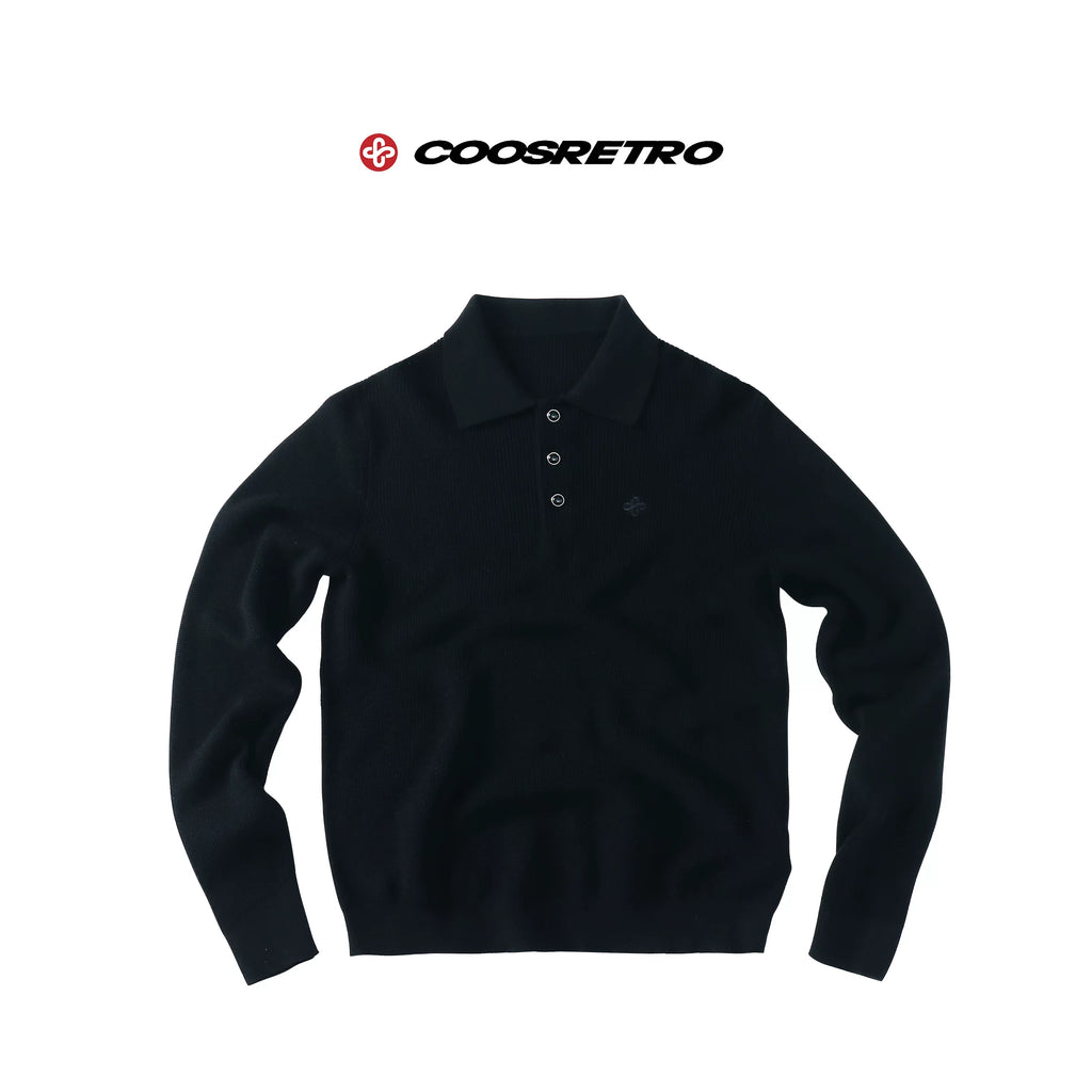 CoosRetro Linen Knitted Relaxed Long-Sleeve Polo Shirt