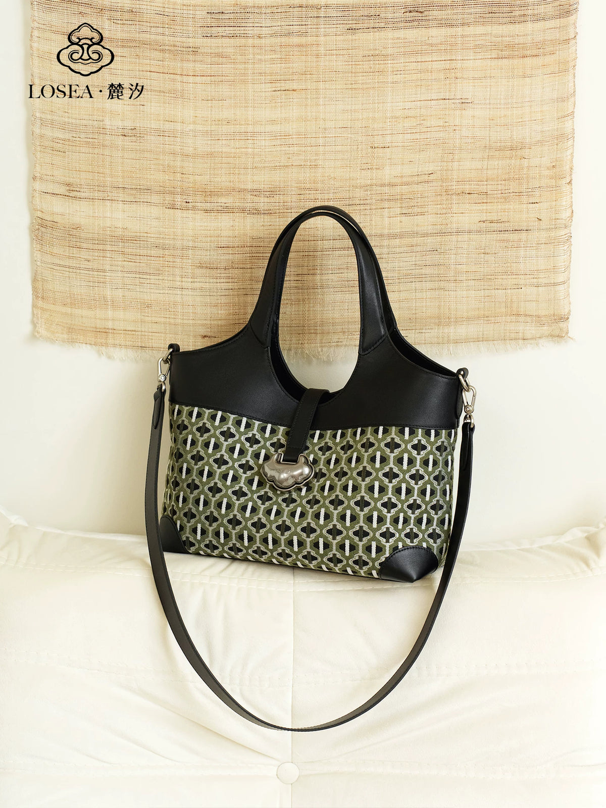 LOSEA Black Full-Grain Leather Structured Tote Bag