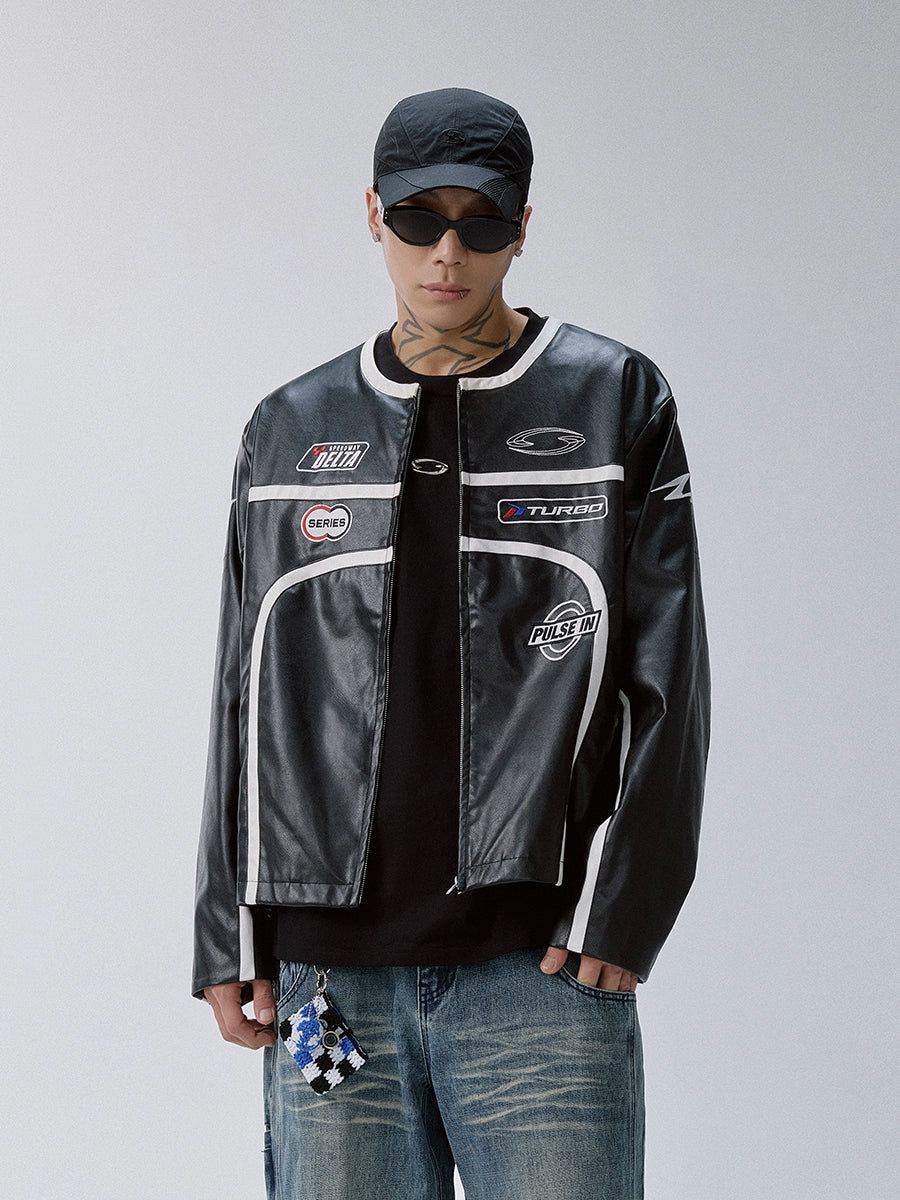 F2CE Embroidered Vintage Striped Stitched Loose Leather Jacket