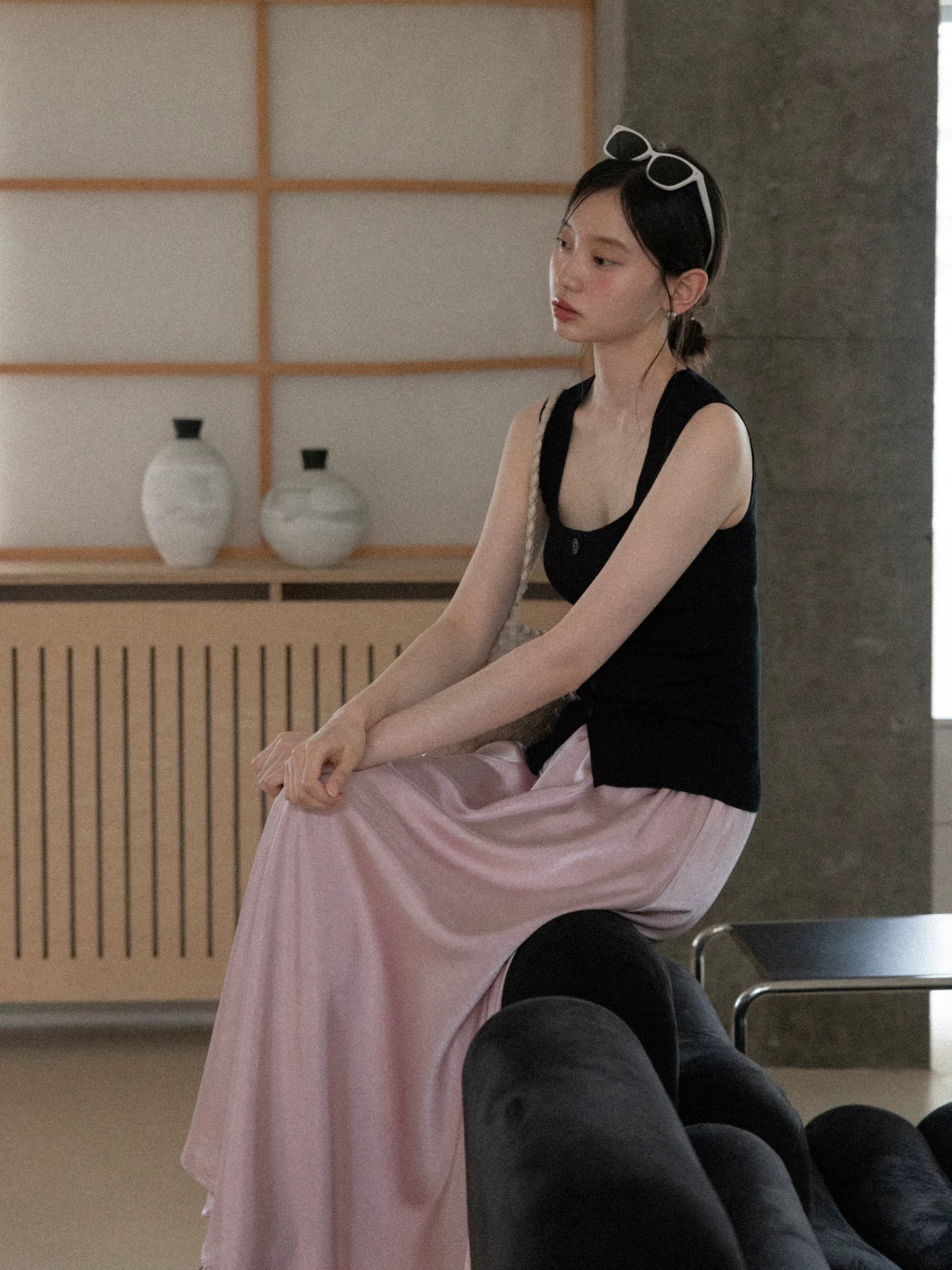 Cantonstory High Waist Drape Versatile and Thin Dress
