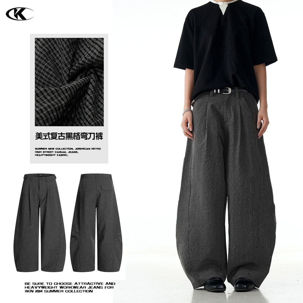 11KN Black Plaid Straight Wide Leg Pants