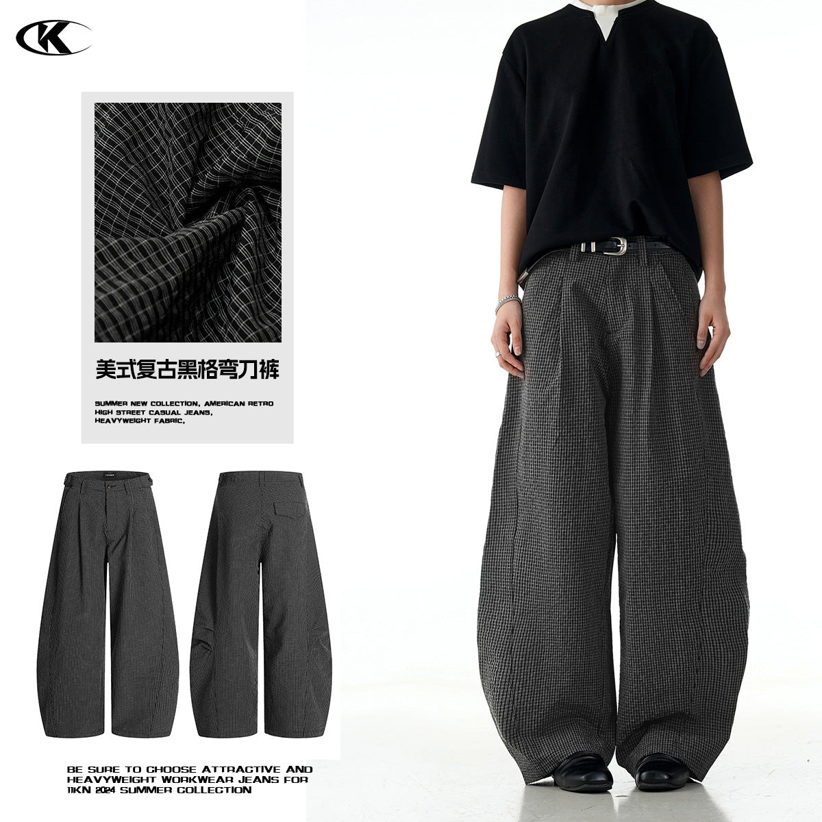 11KN Black Plaid Straight Wide Leg Pants