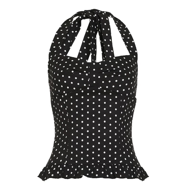 FUNOFF Contrast Polka Dot Lace Neck Sling Vest