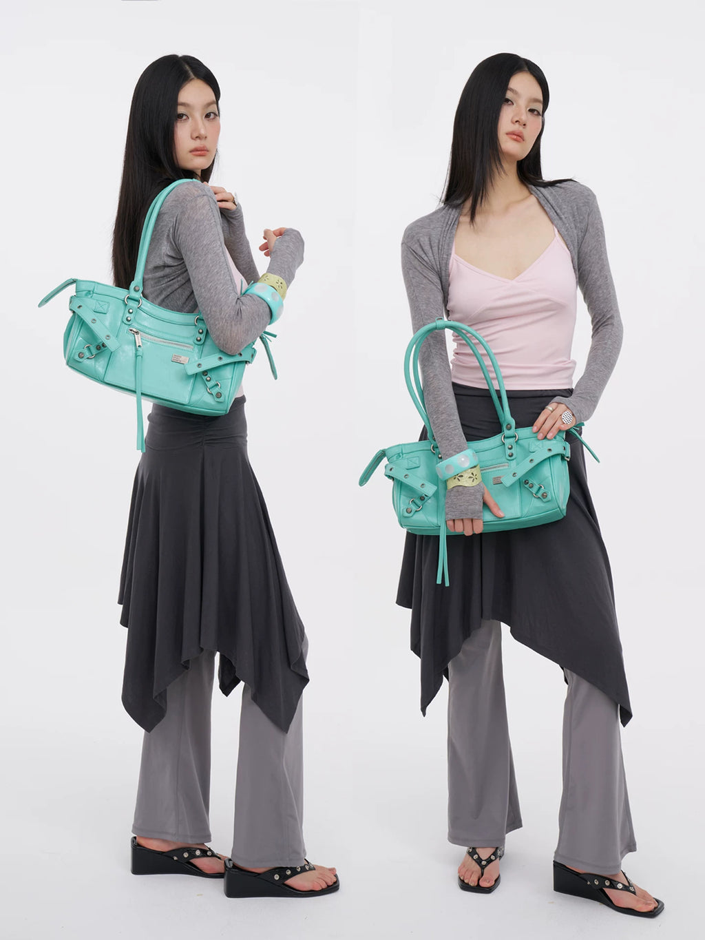 JANDRESS Mint Green Faux Leather Zip-Top Underarm Bag