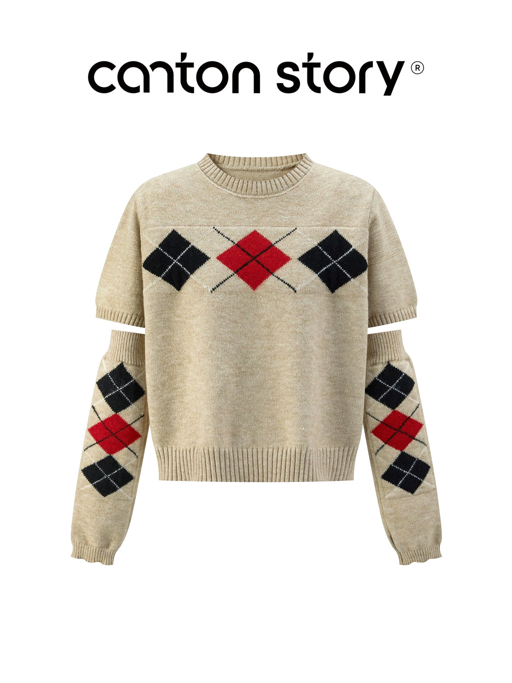 Cantonstory Korean Retro Diamond Sleeve Knitted Sweater (Clearance)