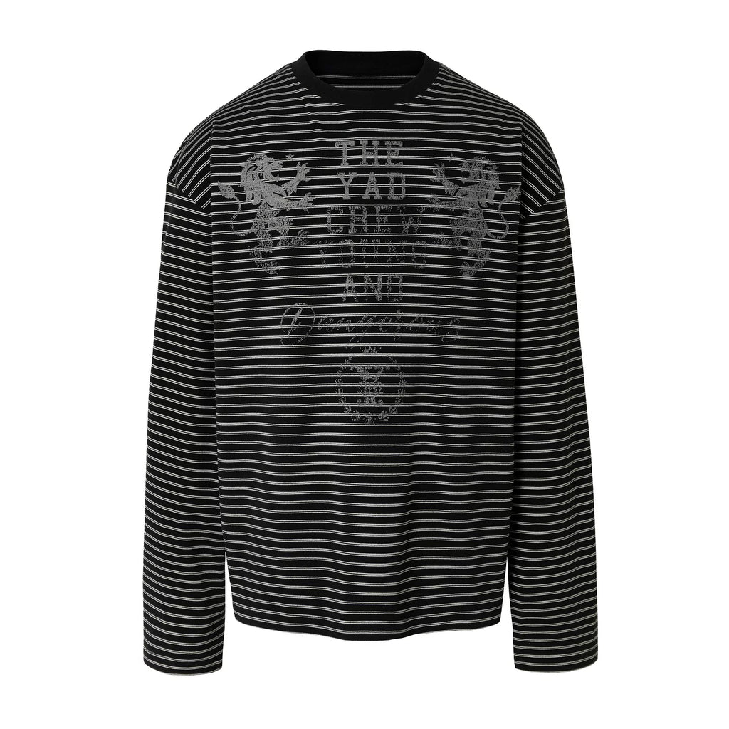 YADcrew Double Lion Mottled Slogan Printed Striped Long Sleeve