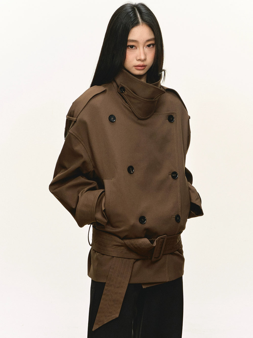 Anna Aneae Stand-up Collar Double-breasted Short Trench Coat
