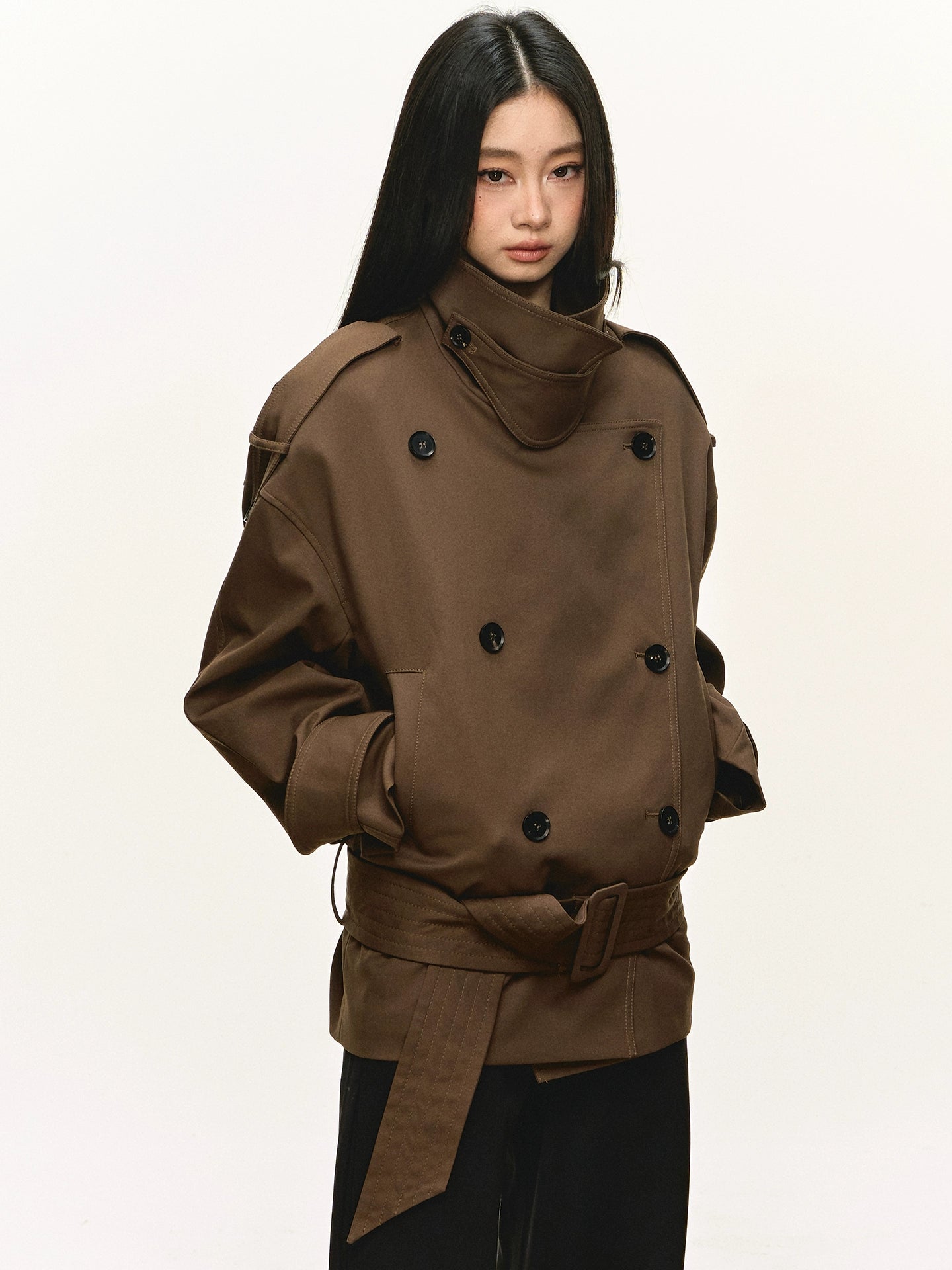 Anna Aneae Stand-up Collar Double-breasted Short Trench Coat