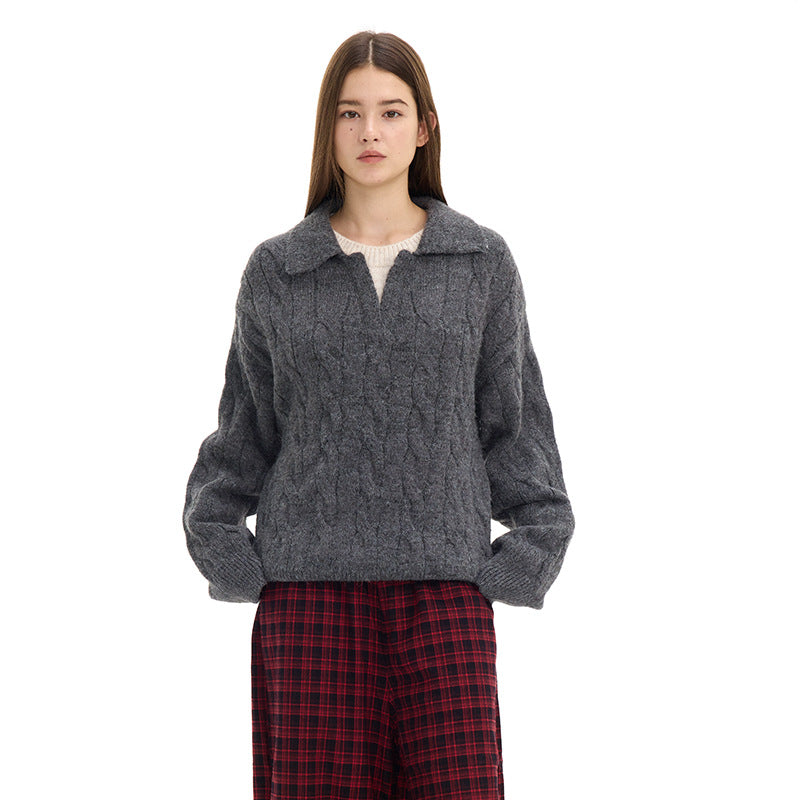 UNF Heavyweight Boxy Anti-Static Cable-Knit Polo Sweater