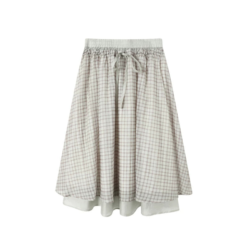 TGNS Vintage Plaid Low-Rise A-Line Midi Skirt