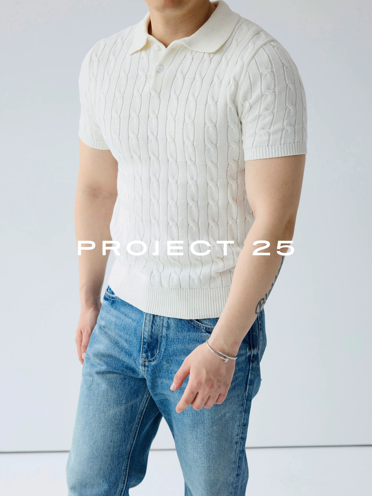 PROJECT 25 Retro Cable-Knit Polo Collar Slim Fit Tee