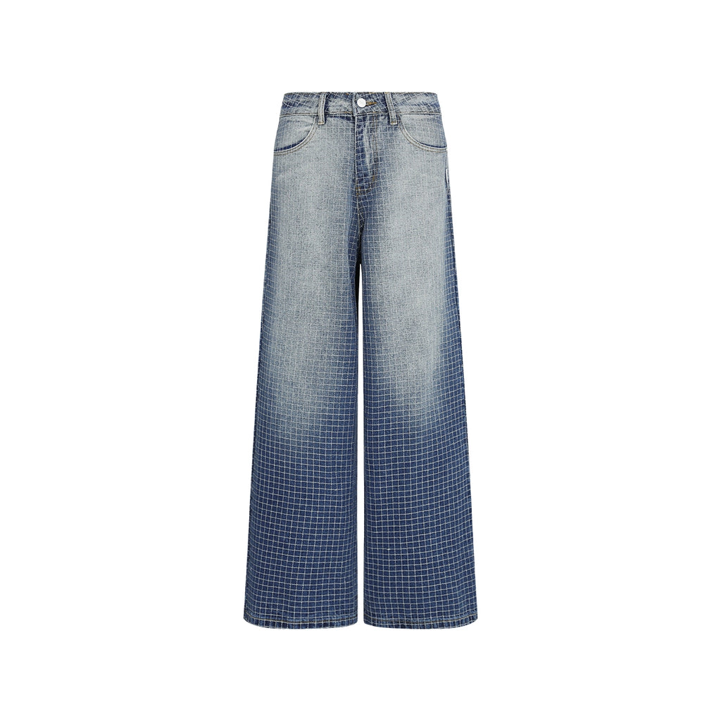 FUNKYFUN Embroidered Plaid Line Straight Jeans