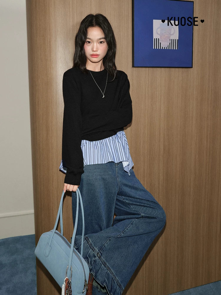 KUOSE Fake Two-piece Spliced Striped Sweater